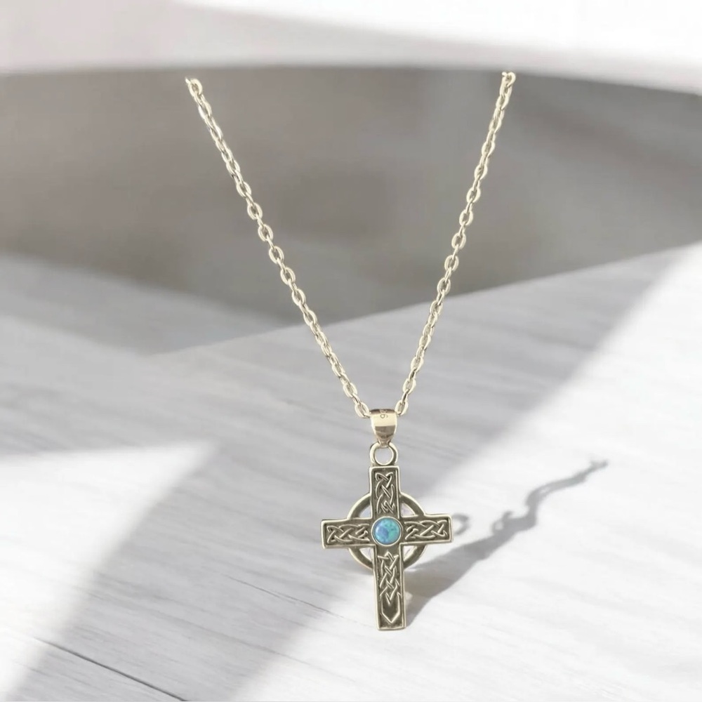 Intricate 925 Sterling Silver Cross with Blue Opal Necklace Free Chain